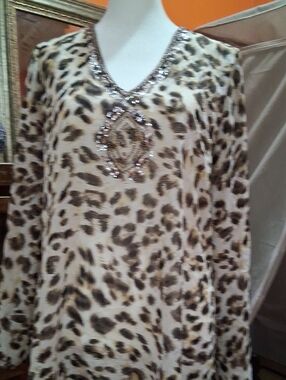 Beaded Leopard Print V-Neck Women’s Top - Cream & Brown